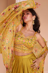 Exclusive handwork on viscose nylon Dhoti style yellow dress with floral shrug| unique dress indian wear