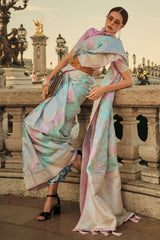 Handloom weaving designer satin silk saree with detailed indian inspired design