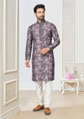 Contrasting indian aspiring Printed khakhi on jacquard silk Mens kurta for wedding and other occasion comes with pajama