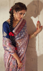 Exquisite Contrasting Light Pink Floral Organza saree with beautiful print, piping work or tassels on pallu | party wear saree | Festive saree