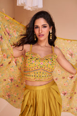 Exclusive handwork on viscose nylon Dhoti style yellow dress with floral shrug| unique dress indian wear