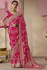 Rani Pink Dola Viscose Silk Saree Intricate Flower Pattern Weaving On All Over Saree
