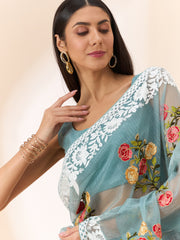 Latest light Blue shaded organza saree with detailed embroidery and floral inspired design saree for all occasion