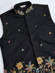 Black Jodhpuri Designer Kurta Set With Multi Coloured Thread Embroidery Work Jacket