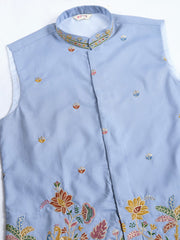 Pastel Blue Jodhpuri Designer Kurta Set With Multi Coloured Thread Embroidery Work Jacket