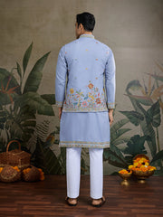 Pastel Blue Jodhpuri Designer Kurta Set With Multi Coloured Thread Embroidery Work Jacket