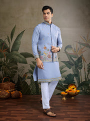 Pastel Blue Jodhpuri Designer Kurta Set With Multi Coloured Thread Embroidery Work Jacket