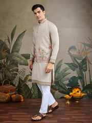 Dusty Beige Jodhpuri Designer Kurta Set With Multi Coloured Thread Embroidery Work Jacket