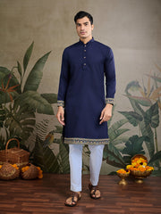 Navy Blue Jodhpuri Designer Kurta Set With Multi Coloured Thread Embroidery Work Jacket