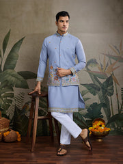 Pastel Blue Jodhpuri Designer Kurta Set With Multi Coloured Thread Embroidery Work Jacket