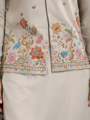 Dusty Beige Jodhpuri Designer Kurta Set With Multi Coloured Thread Embroidery Work Jacket