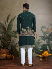 Dark Green Jodhpuri Designer Kurta Set With Multi Coloured Thread Embroidery Work Jacket
