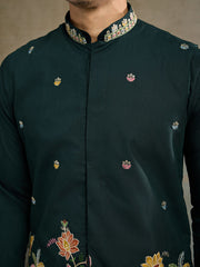 Dark Green Jodhpuri Designer Kurta Set With Multi Coloured Thread Embroidery Work Jacket