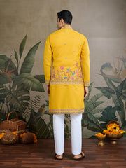 Dark Yellow Jodhpuri Designer Kurta Set With Multi Coloured Thread Embroidery Work Jacket