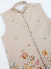 Dusty Beige Jodhpuri Designer Kurta Set With Multi Coloured Thread Embroidery Work Jacket
