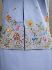 Pastel Blue Jodhpuri Designer Kurta Set With Multi Coloured Thread Embroidery Work Jacket