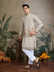 Dusty Beige Jodhpuri Designer Kurta Set With Multi Coloured Thread Embroidery Work Jacket