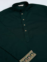 Dark Green Jodhpuri Designer Kurta Set With Multi Coloured Thread Embroidery Work Jacket