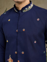 Navy Blue Jodhpuri Designer Kurta Set With Multi Coloured Thread Embroidery Work Jacket