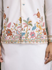 White Jodhpuri Designer Kurta Set With Multi Coloured Thread Embroidery Work Jacket