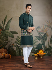 Dark Green Jodhpuri Designer Kurta Set With Multi Coloured Thread Embroidery Work Jacket