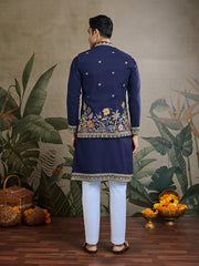 Navy Blue Jodhpuri Designer Kurta Set With Multi Coloured Thread Embroidery Work Jacket