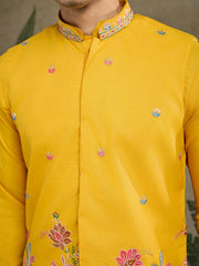 Dark Yellow Jodhpuri Designer Kurta Set With Multi Coloured Thread Embroidery Work Jacket
