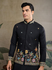 Black Jodhpuri Designer Kurta Set With Multi Coloured Thread Embroidery Work Jacket
