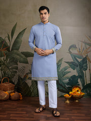 Pastel Blue Jodhpuri Designer Kurta Set With Multi Coloured Thread Embroidery Work Jacket
