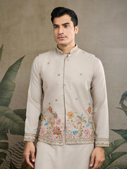 Dusty Beige Jodhpuri Designer Kurta Set With Multi Coloured Thread Embroidery Work Jacket
