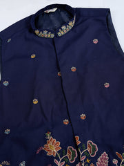 Navy Blue Jodhpuri Designer Kurta Set With Multi Coloured Thread Embroidery Work Jacket