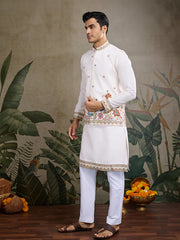 White Jodhpuri Designer Kurta Set With Multi Coloured Thread Embroidery Work Jacket