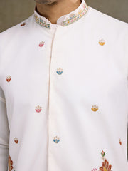 White Jodhpuri Designer Kurta Set With Multi Coloured Thread Embroidery Work Jacket