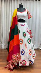 White Lehenga with Mirror Work and Colourful Dupatat