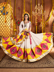 White with Contrast of Yellow and Pink Designer Lehenga