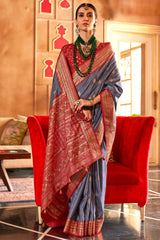 Gray Mercerized Sigma Silk ︎With Classical Patola Design And SambalPuri Print With Aqua Finish