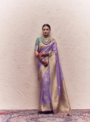 Contrasting Fancy Blouse Saree on Pure Crape Dola Silk Saree with Tussles on Pallu