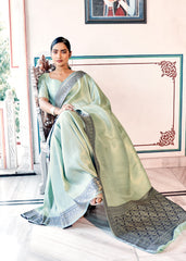 Pure Kanjivaram pastel green light shaded weaving silk handloom saree with contrasting dark border