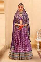 Exclusive latest Purple designer Lehenga in pure pv silk and foil print with detailed embroidery, hand and mirror work