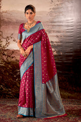 Contrasting dark shaded Pink Banarasi soft silk saree with detailed banarasi inspired work