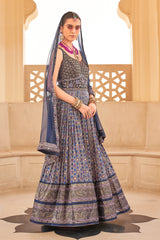 Exclusive latest Blue designer Gown in pure pv silk and foil print with net dupatta detailed embroidery, hand and mirror work