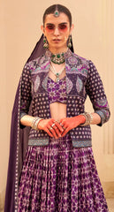 Exclusive latest Purple designer Lehenga in pure pv silk and foil print with detailed embroidery, hand and mirror work