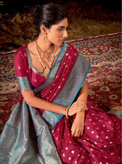 Contrasting dark shaded Pink Banarasi soft silk saree with detailed banarasi inspired work