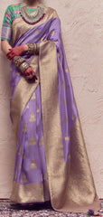Contrasting Fancy Blouse Saree on Pure Crape Dola Silk Saree with Tussles on Pallu