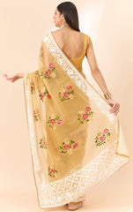 Latest Gold Yellow shaded organza saree with detailed embroidery and floral inspired design saree for all occasion