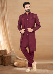 Exclusive Contrasting maroon Thread and Detailed Embroidery Work Indo Western, Sherwani | Indian Traditional Mens Wear