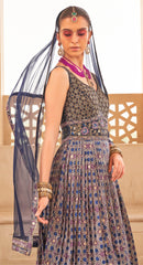 Exclusive latest Blue designer Gown in pure pv silk and foil print with net dupatta detailed embroidery, hand and mirror work