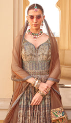 Exclusive latest designer Gown in pure pv silk and foil print with net duppatta detailed embroidery, hand and mirror work