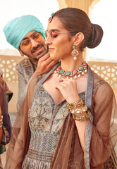 Exclusive latest designer Gown in pure pv silk and foil print with net duppatta detailed embroidery, hand and mirror work