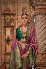 Orchid Purple contrasting blouse on Jacquard Weaved Banarasi Design saree With Stone Work | Banarasi Saree